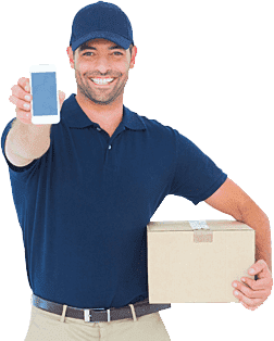 handsome delivery man showing mobile phone